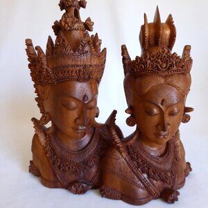 VINTAGE 12” BALI INDONESIA RAMA & SITA HAND CARVED WOOD BUST SIGNED